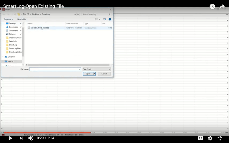 A scene from the video demonstrating for users how to open an existing log file in the SmartLog program